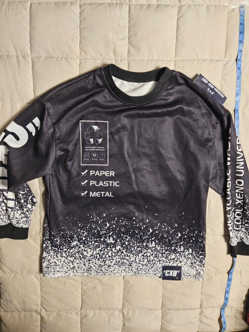 Cool Xeno Universe CXU Black Graphic Sweatshirt Recycle Print Splatter Fade XL
